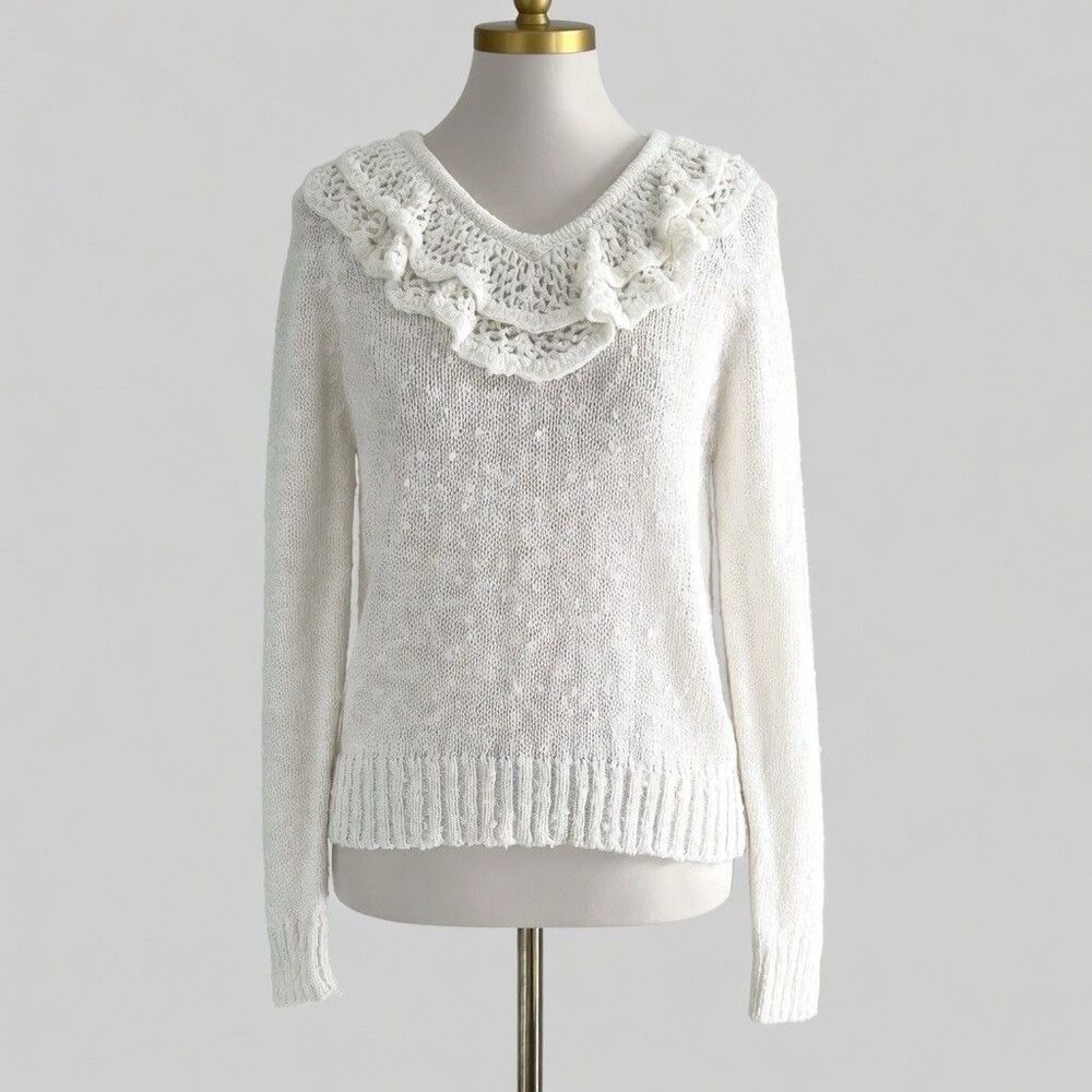 Vintage Le Roy Ivory Ruffled Neckline Grandmacore Knit Sweater Womens L Cottage